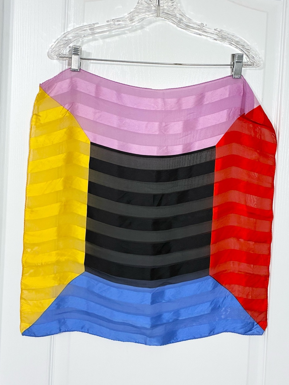 Vintage SILK Colorblock Stripe Scarf 21” Square Blue Lilac Red Yellow Black